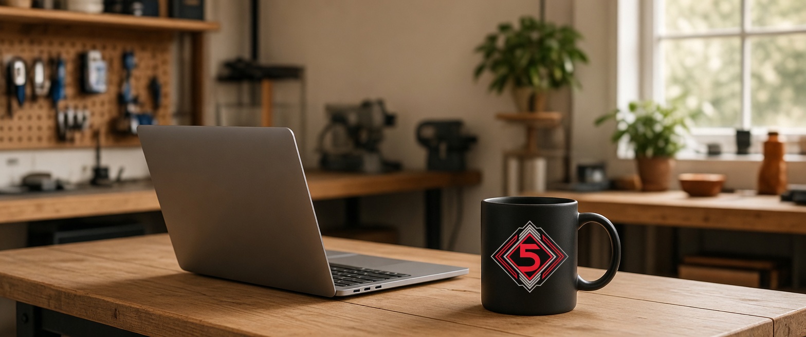 Wooden workbench with a laptop and a black mug showing the Red Five diamond-5 logo